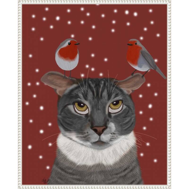 Grey Cat and Robins by Fab Funky (23 x 28 in.), Framed Canvas Wall Art Print - Sylvie Beaded White