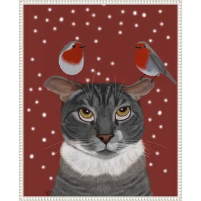 Grey Cat and Robins by Fab Funky (23 x 28 in.), Framed Canvas Wall Art Print - Sylvie Beaded White