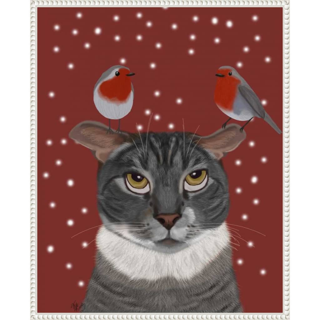 Grey Cat and Robins by Fab Funky (23 x 28 in.), Framed Canvas Wall Art Print - Sylvie Beaded White