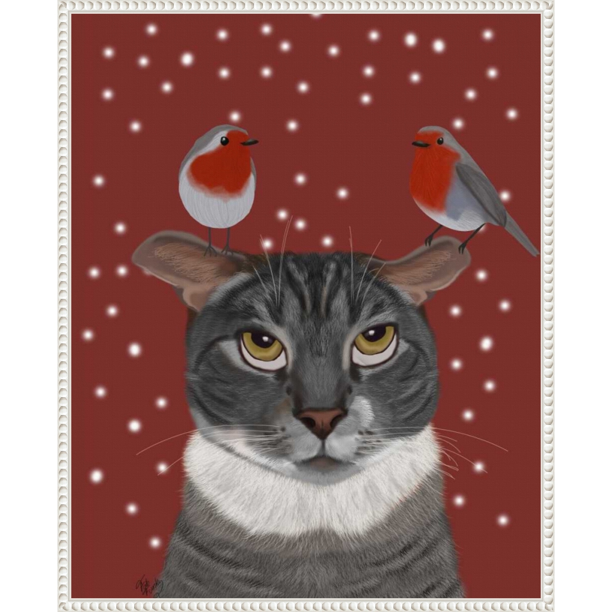Grey Cat and Robins by Fab Funky (23 x 28 in.), Framed Canvas Wall Art Print - Sylvie Beaded White
