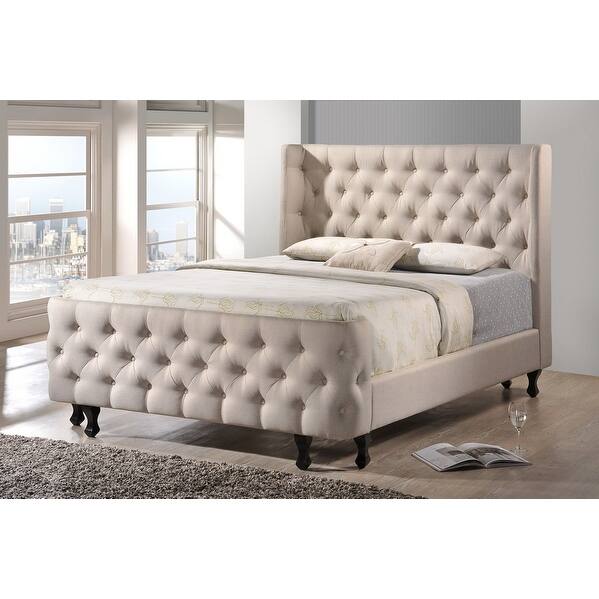Francesca Beige Linen Platform Bed W Tufted Headboard King Overstock 20726394