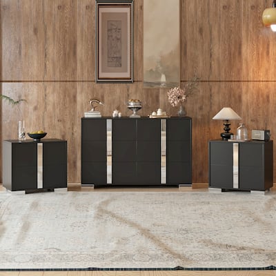 3-Pieces Sets, Elegant 6 Drawers Dresser And Two Nightstands, Storage Cabinet And Bedside Table With Metal Handles