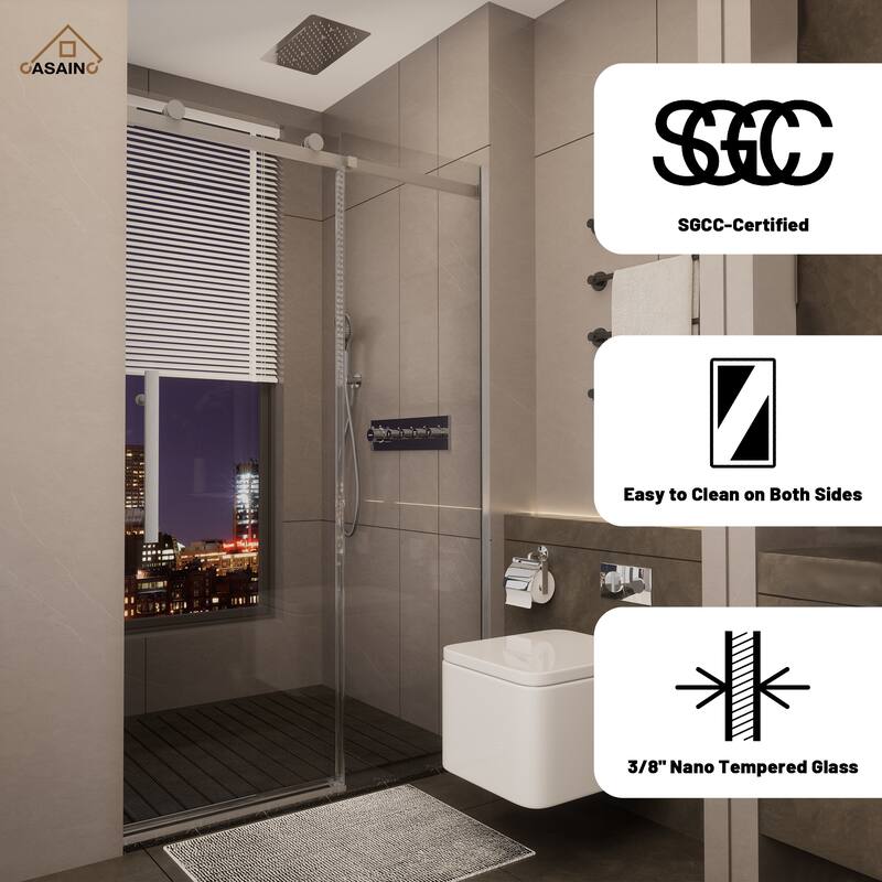 CASAINC 48 in. W x 76 in. H Sliding Frameless Shower Door with SGCC Certification