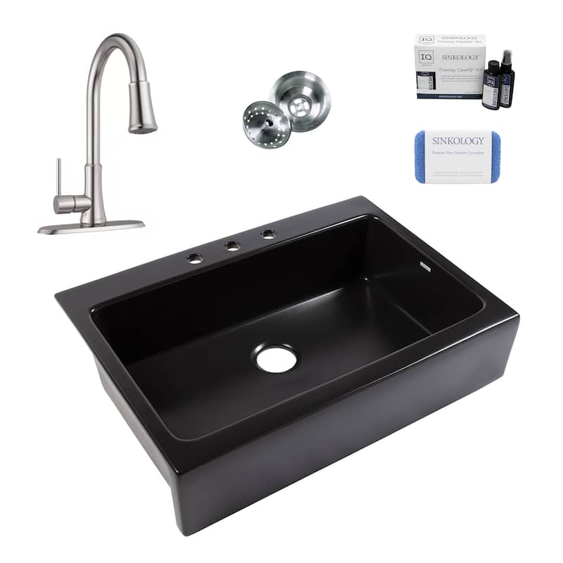 Parker Matte Black Fireclay 34″ Single Bowl Quick-Fit Drop-In Farmhouse Apron Kitchen Sink with Faucet Kit