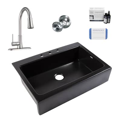 Parker Matte Black Fireclay 34″ Single Bowl Quick-Fit Drop-In Farmhouse Apron Kitchen Sink with Faucet Kit