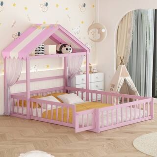 Full Size Montessori Floor Platform Bed wFence and Door, Integrated Clothes Drying Rack, House-Shaped Headboard Bed, Pink