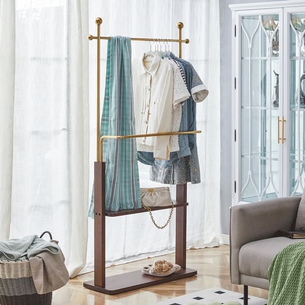 slide 2 of 16, Roomfitters Double-Layer Coat Rack with Golden Frame, Solid Wood Shelf and Hat Stand for Entryway Storage, Gold+Walnut Gold+Walnut