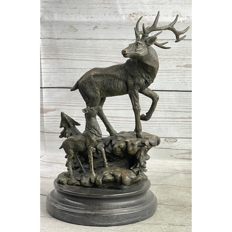 Signed Original Male Stag With His Baby Fawn Bronze Sculpture Marble Base Statue