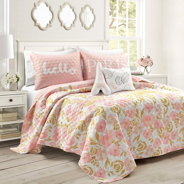slide 2 of 10, Lush Decor Watercolor Rose Paris Glitter Reversible Quilt Set