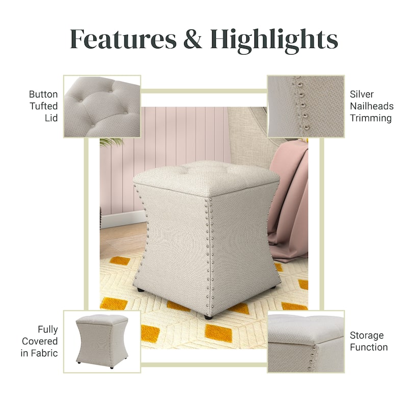 NPD Furniture Amelia Nailhead Tufted Storage Ottoman