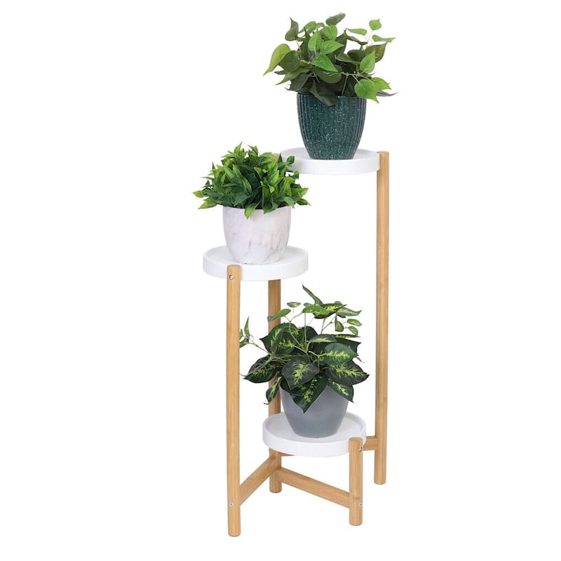 3-Tier Bamboo Plant Stand Flower Succulents Potted with Round White Shelvings