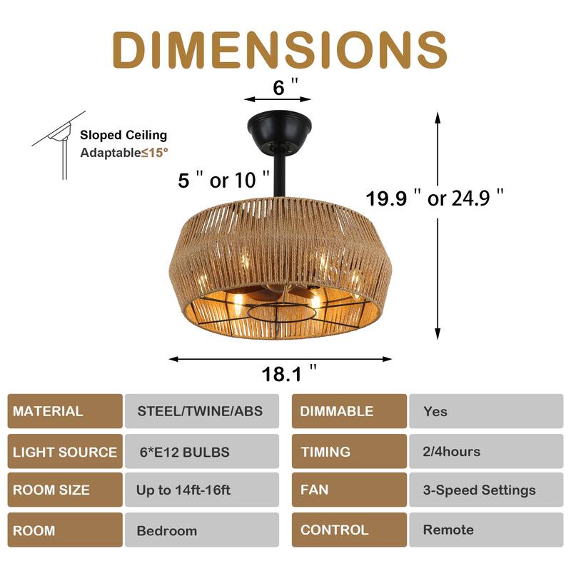Bella Depot 18 Inches Rope-Woven Ceiling Fan with Light and Remote Control, 3-Speed Reversible Fan - 18 Inches