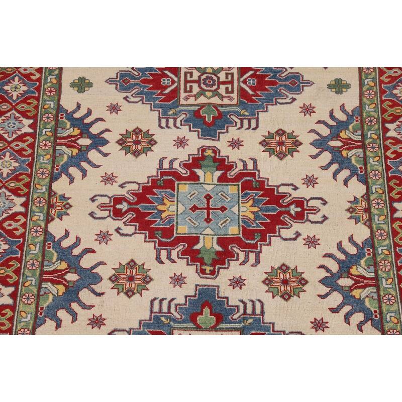 Ivory Kazak Oriental Area Rug Hand-Knotted Geometric Wool Carpet - 5'1" x 6'7"