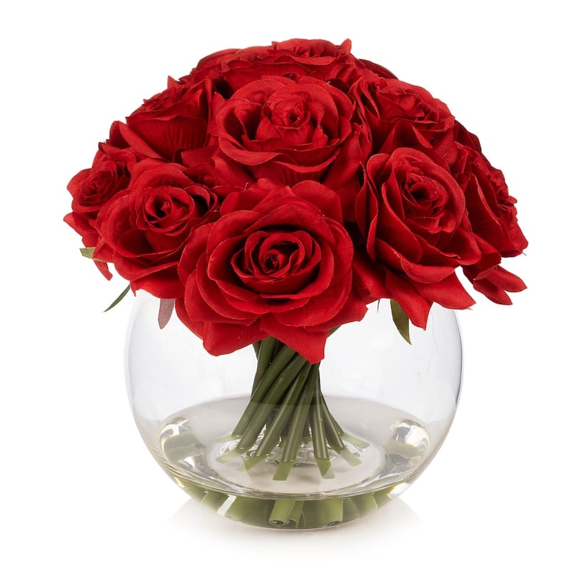 Enova Home 16 Heads Artificial Silk Rose Flowers in Round Glass Vase With Faux Water For Home Wedding Decoration - Red