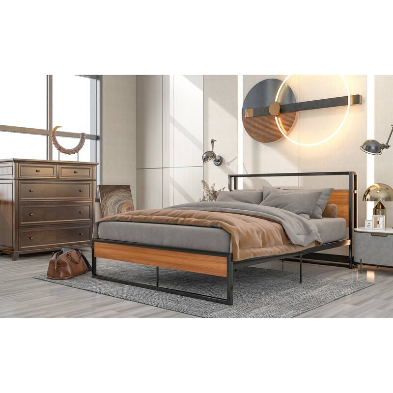 Queen Size Metal Platform Bed Frame with Sockets