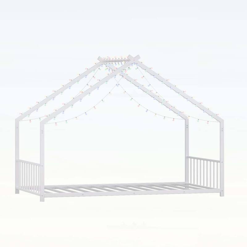 Platform Bed with LED light strips,roof-shaped iron frame,and low profile design for safety and style