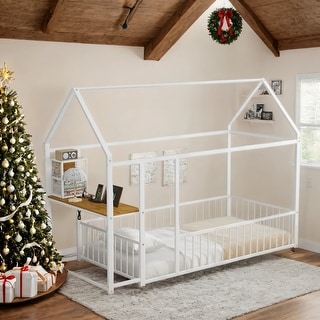 Metal Twin Size Bed House Bed with Desk,Smart Storage and USB Ports,Kids Bed Design