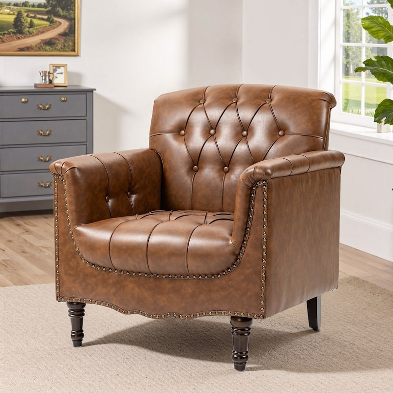 Modern Tufted Accent Chair with Nailhead Trim, Faux Leather Armchair