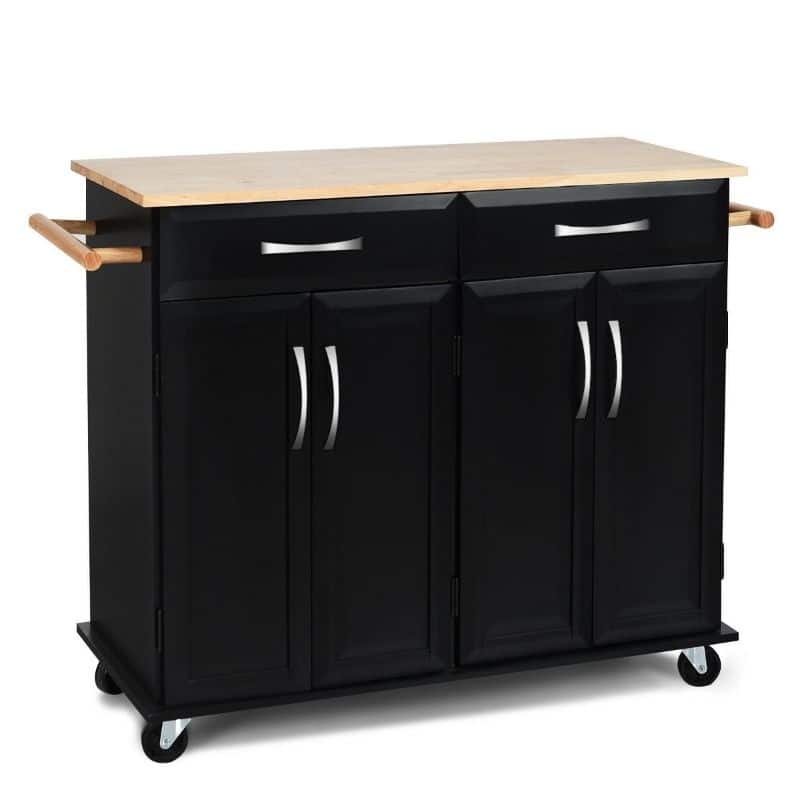 Black Kitchen Island Storage Cabinet Cart with Wood Top and Wheels - 48.5" x 18.5" x 36.5" (L x W x H)