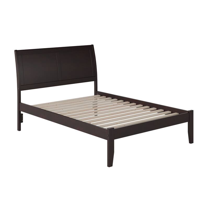 King Platform Bed Walnut Finish - Modern Sleigh Style Bed Frame with Open Footboard