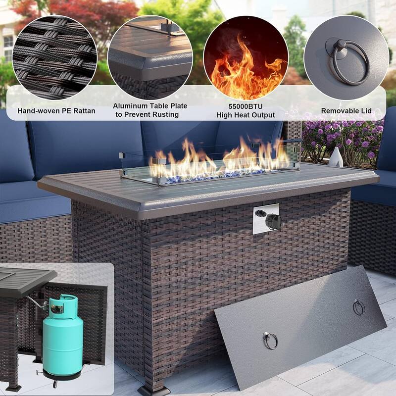 13-Pieces Wicker Patio Furniture Set, Outdoor Sectional Chairs with Firepit Table & Side Table