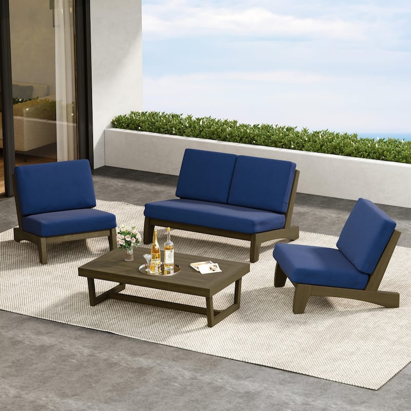 4 Pieces Wood Sectional Sofa Patio Conversation Set With Cushion
