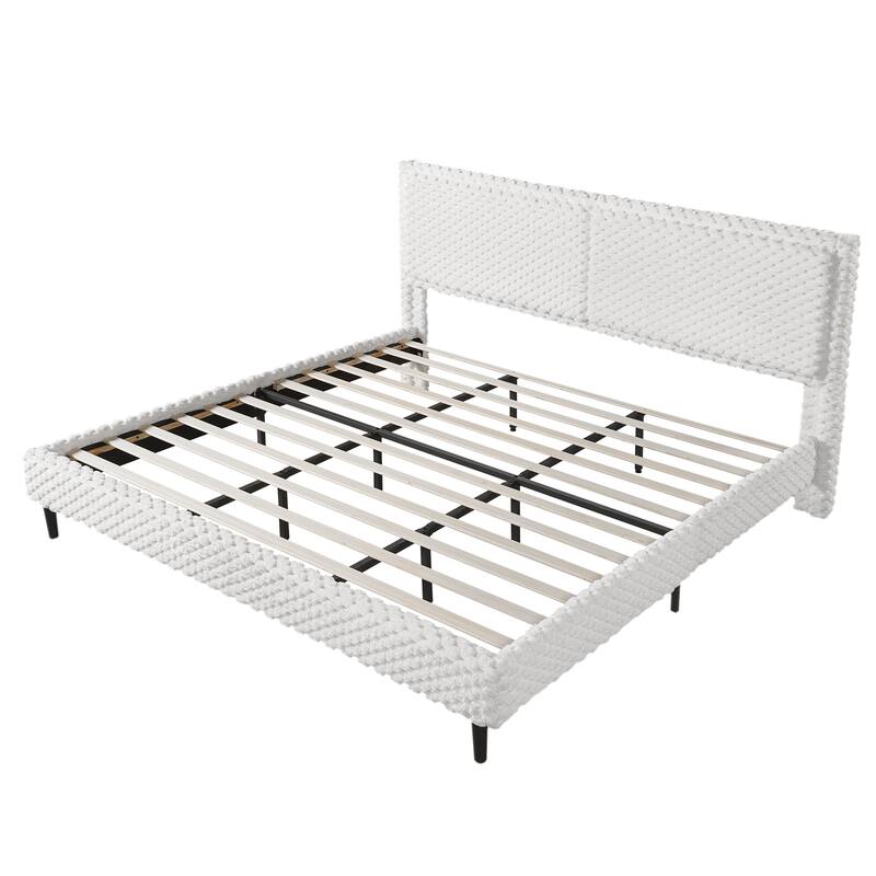 Upholstered King Bed with Plush Fabric and Padded Backrest Solid Wood Frame