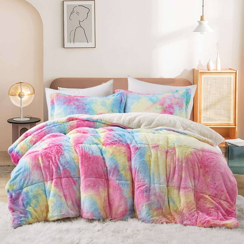 Dual-Side Fluffy Sherpa Comforter Set, Winter Plush Fuzzy Bedding Set
