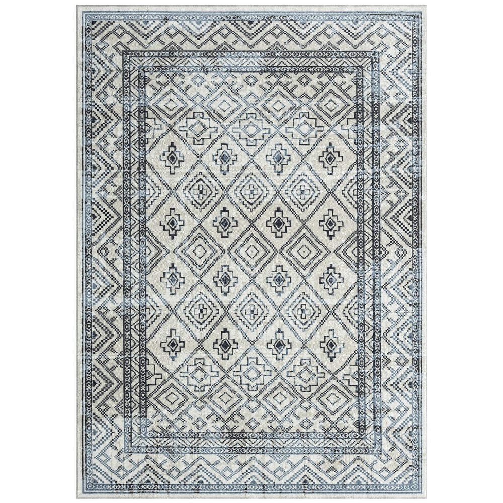 Everwash Treasure Cambria Southwest Geometric Machine Washable Area Rug, Beige/Navy Blue