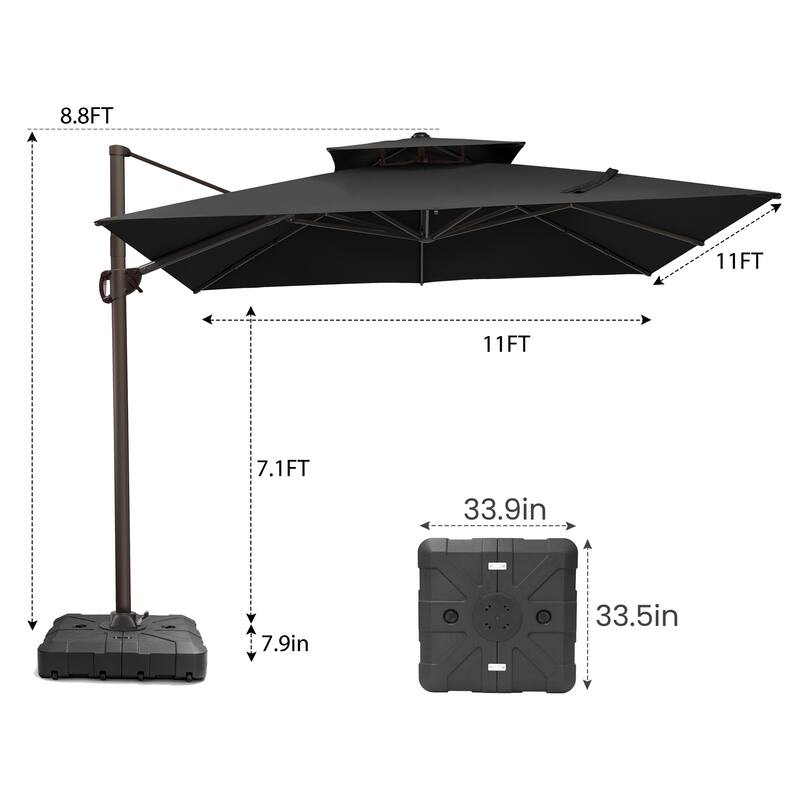 Pellebant 11X11FT Outdoor Patio Cantilever Offset 360 Degree Rotation Umbrella with HDPE Base