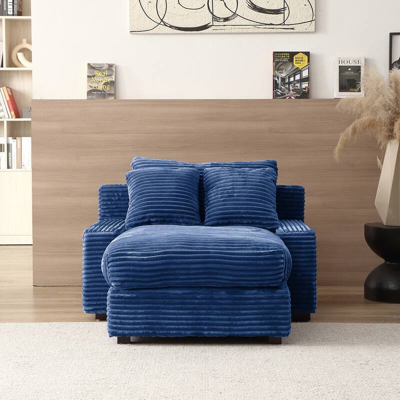 Corduroy Single Sleeper Sofa Bed with Toss Pillows and Square Arm - Blue