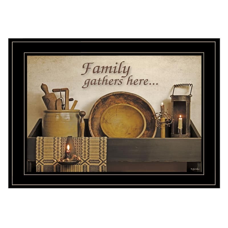 TrendyDecor4U Farmhouse "Family Gather Here" Framed Print Wall Art by Susie Boyer - Rustic