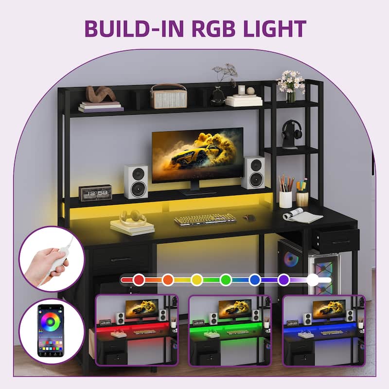 Moasis 59" Computer Desk with Hutch and Shelves, LED Gaming Desk with Monitor Stand
