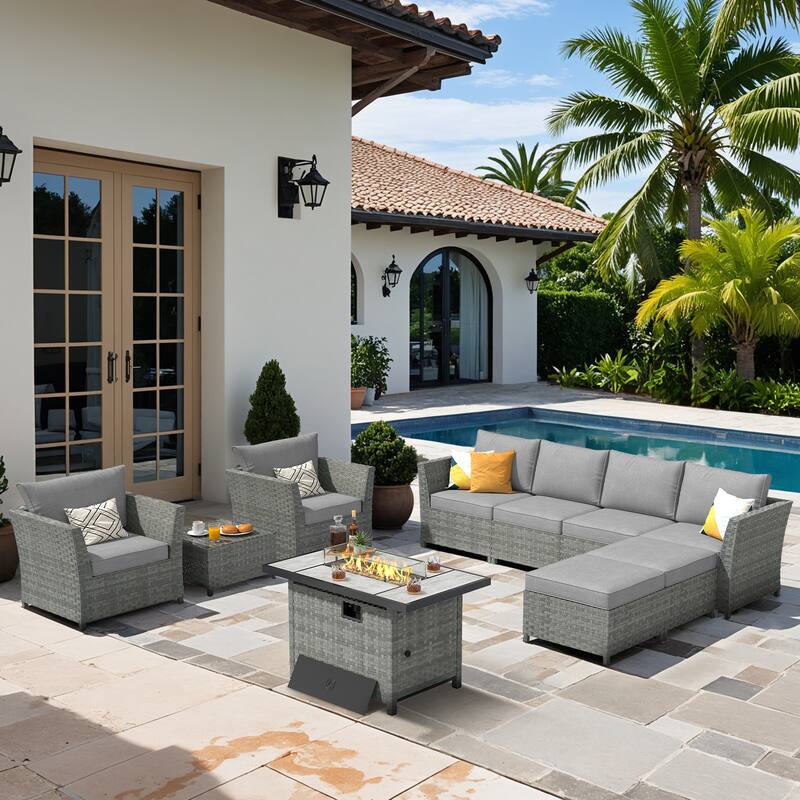 XIZZI 10-piece Outdoor Furniture Rattan Wicker Sectional Sofa with Fire Pit - Dark Grey