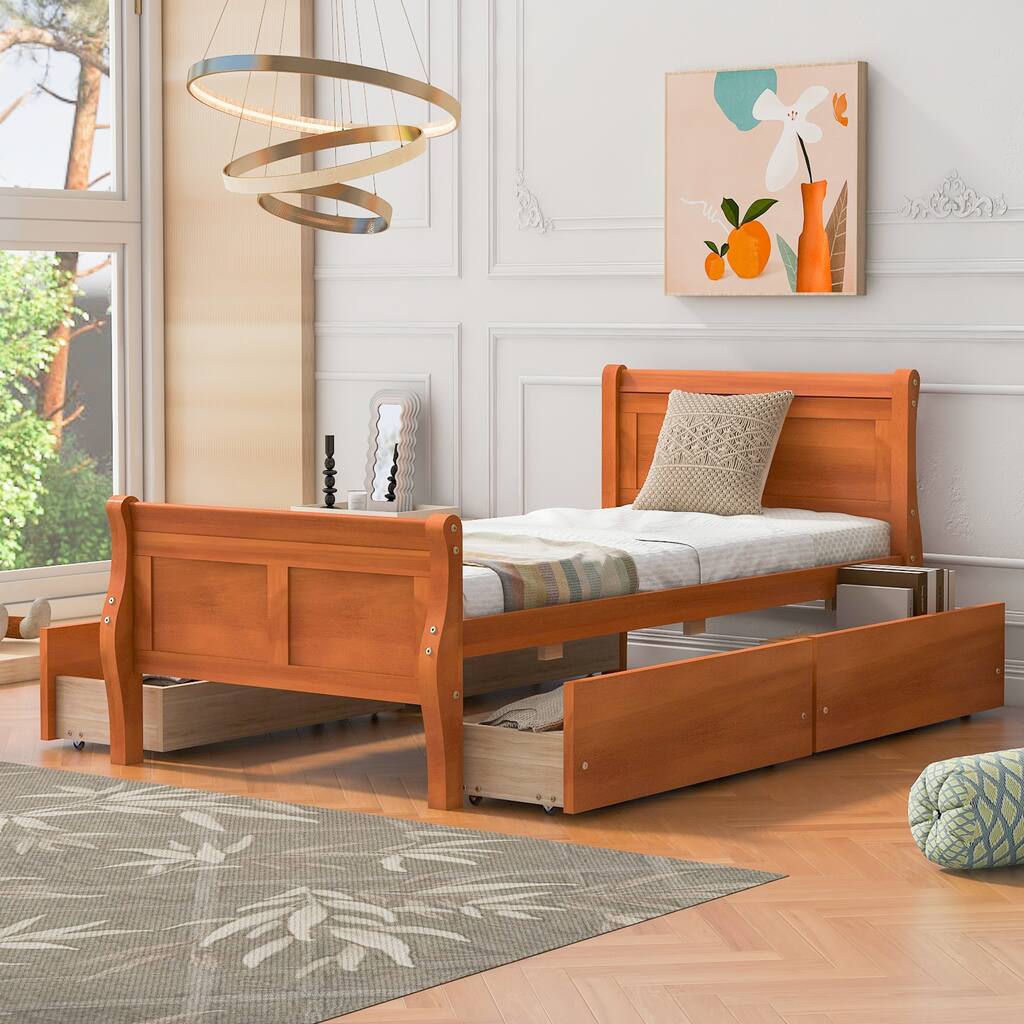 Twin Size Wood Platform Bed with 4 Drawers and Streamlined Headboard & Footboard