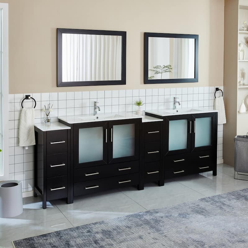 Vanity Art 96" Double Sink Bathroom Vanity Set 10 Dove-Tailed Drawers, 3 Cabinets, 2 Shelves Soft-Closing Doors with Free Mirror