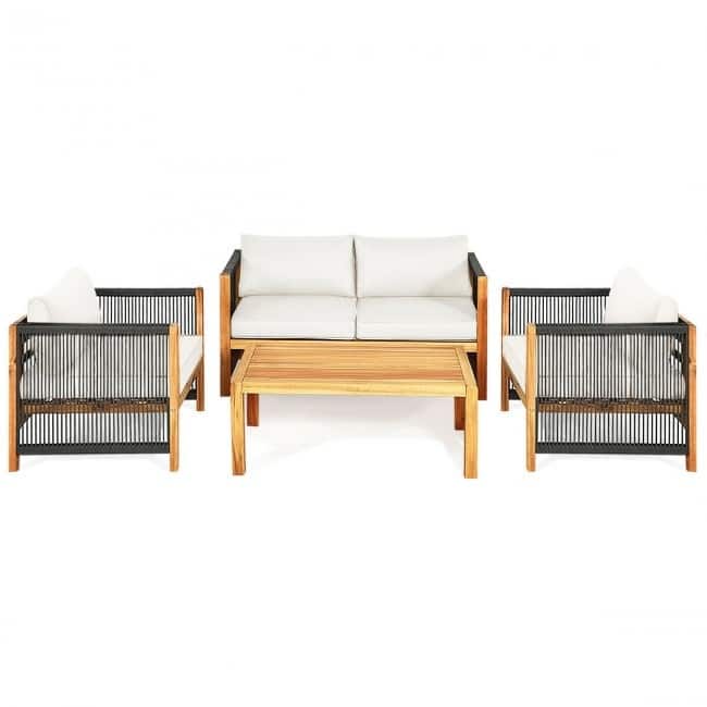 4 Pcs Acacia Wood Outdoor Patio Furniture Set with Cushions - 52" x 26" x 25" (L x W x H)