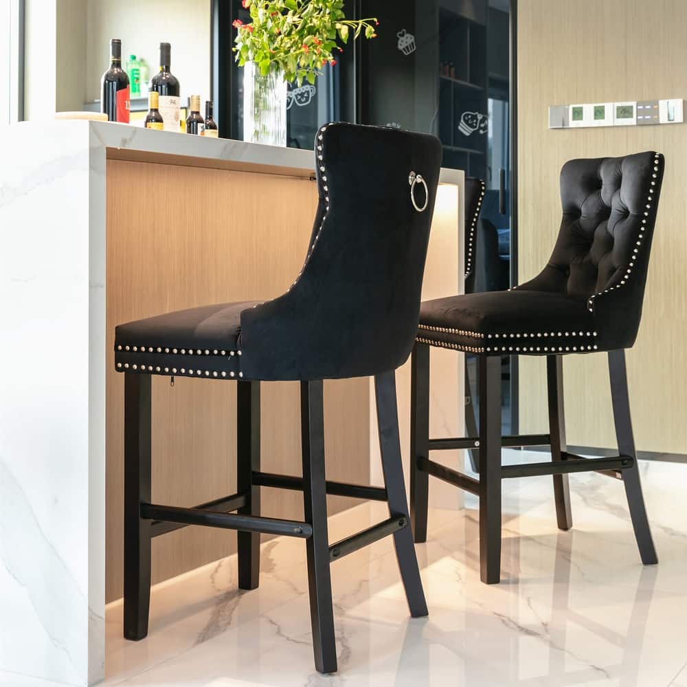 Roomfitters Velvet Bar Stools Set of 2, Tufted Upholstered Counter Chairs with Nailhead Trim and Wooden Legs