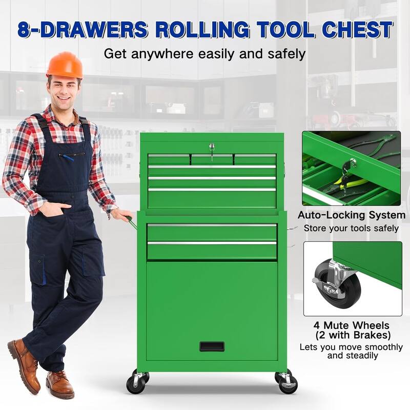 8-Drawer Rolling Tool Storage Cabinet with Detachable Top Tool Box