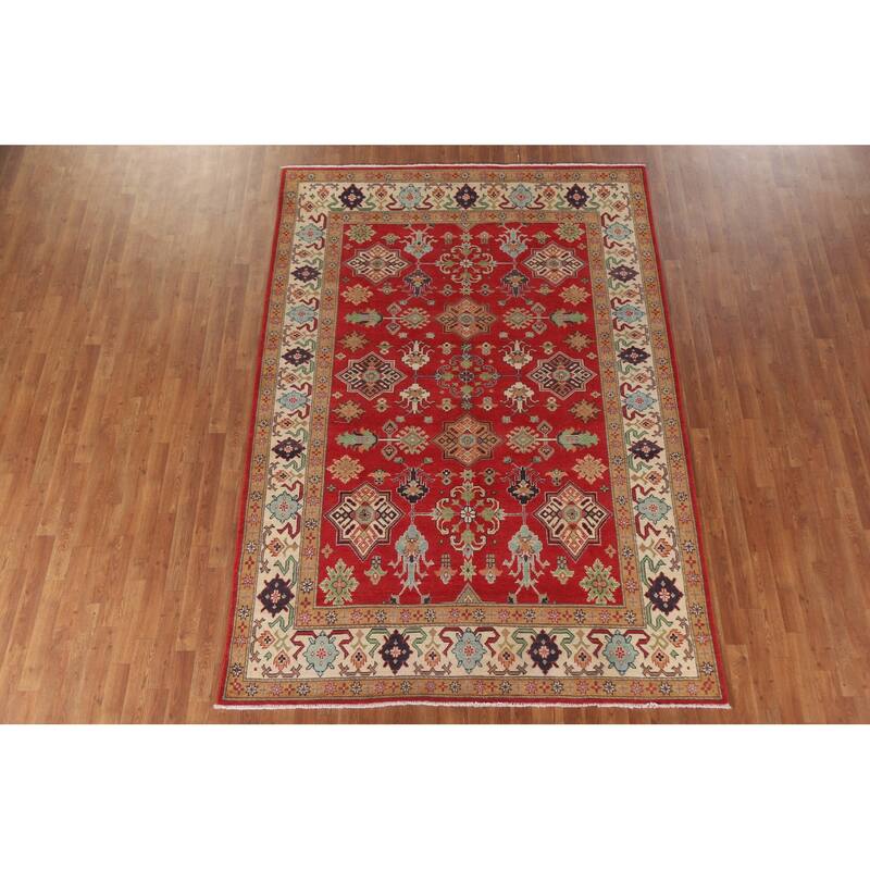 Hand Knotted Oriental 100% Wool Carpet Traditional All-Over Red Kazak Area Rug - 9' 6'' X 6' 8''