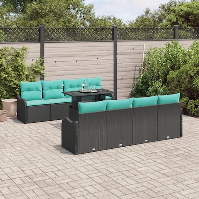 vidaXL 9 Piece Garden Sofa Set with Cushions Black Poly Rattan - 90.9×24.4×27.2