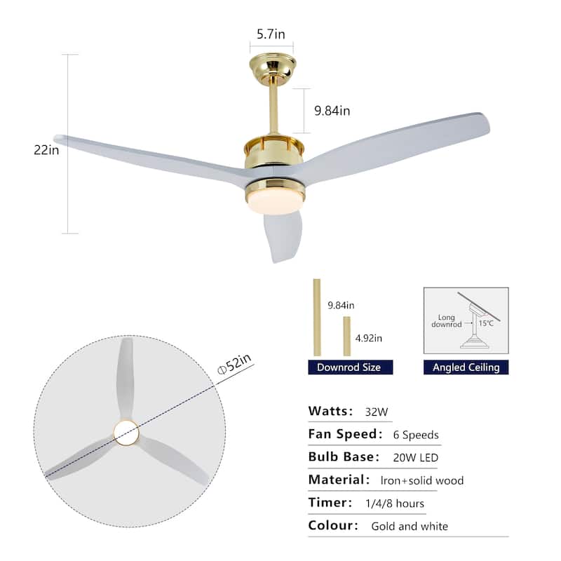 52" Ceiling Fans with Lights and Remote, 6 Speeds, Quiet DC Motor, Dimmable LED