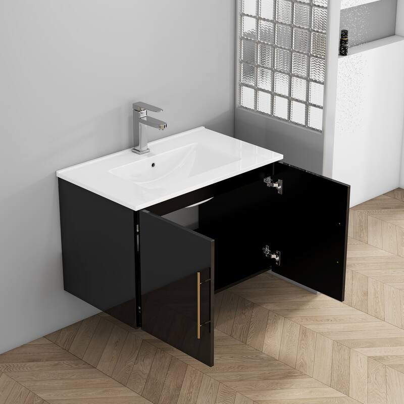 30-Inch Gloss Wall-Mounted Bathroom Vanity with Double Doors, Soft-Close Hangers,Long Gold Metal Handle