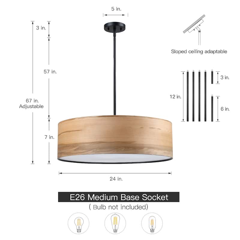 Breaux 5-Light Wood Veneer Drum Chandelier with Black Canopy - 24" Width