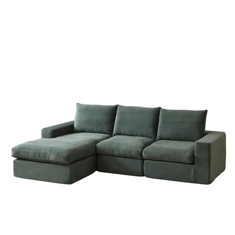 Roomfitters 99" L-Shaped Corduroy Upholstered Sectional Sofa, Modern 3-Seater Sectional Couch with Pillows, Living Room, Green