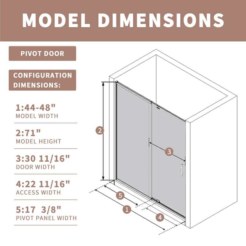 Modland 44-48"x71'' Adjustable Pivot Shower Door - Auto-Lift Hinge, Magnetic Seal, 6 Finishes for Uneven Walls - 48''x 71''