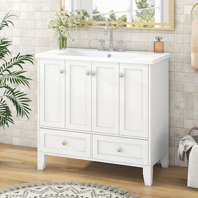 36'' Bathroom Vanity with Resin Sink Combo,Solid Wood Frame Bathroom Storage Cabinet with 4 Soft Closing Doors& 2 Drawers