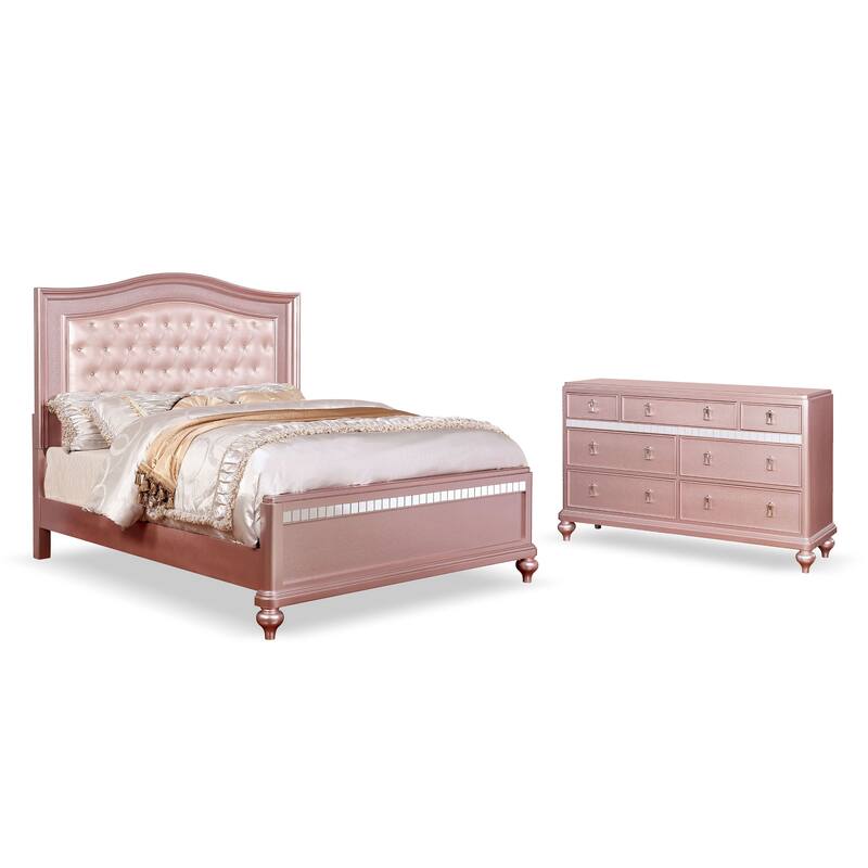 Furniture of America Gibson Modern 2-Piece Rose Gold Faux Leather Tufted Headboard Kids Panel Bed and Dresser Set