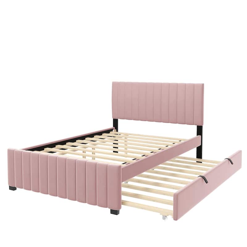 Full Size Platform Bed Stylish Velvet Upholstered Bed Frame with Headboard and Footboard & Pull Out Twin Size Trundle