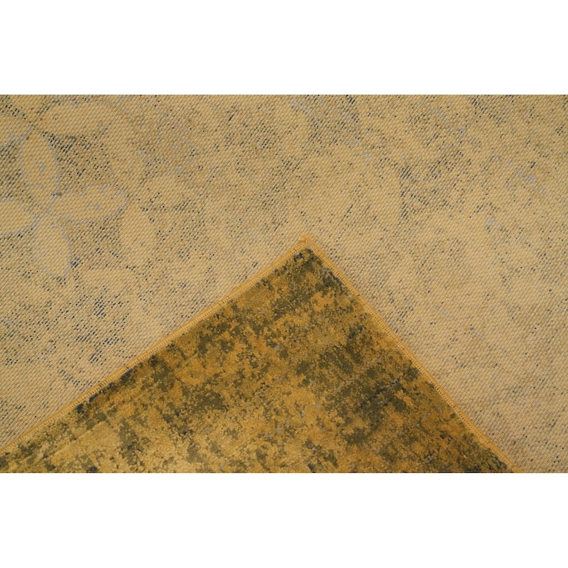 Machine Made Oriental Polyester Carpet Geometric Yellow & Gold Distressed Area Rug - 7' 5'' X 5' 2''